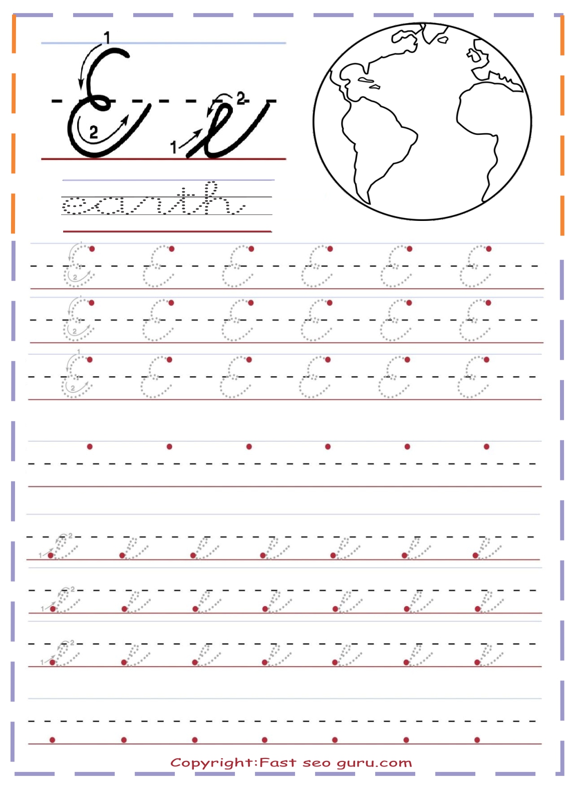 cursive handwriting tracing sheets for practice letter E